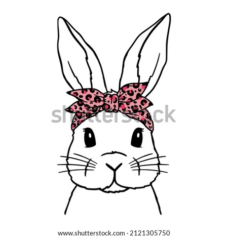 Cute Rabbit Line Art. Bunny With pink Leopard Bandana. Easter Bunny. Bunny sketch vector illustration. Good for posters, t shirts, postcards.
