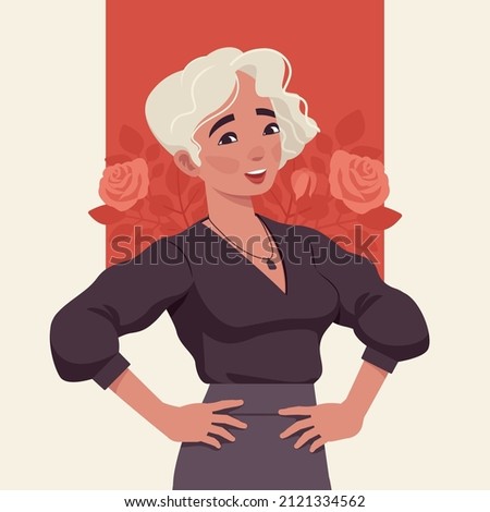 Beautiful blonde woman with white dyed hair, akimbo pose. Smart elegant cute modern female social media profile picture. Vector flat style creative illustration, red rose flower background