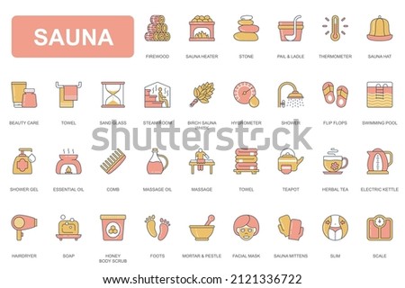Sauna concept simple line icons set. Pack outline pictograms of stone, thermometer, beauty care, towel, hygrometer, swimming pool, soap, tea and other. Vector elements for mobile app and web design