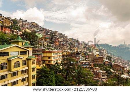 Landscape of Shimla city in Himachal Pradesh in India. Natural beauty of Shimla Himachal Pradesh India. Best honeymoon destination for couples, tourist. Architecture of Shimla city in Himachal Pradesh Royalty-Free Stock Photo #2121336908