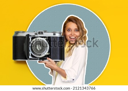 A young caucasian smiling blonde woman holds a huge old vintage retro photo camera on a bright color yellow background. Trendy abstact collage in magazine urban style. Contemporary art. Modern design