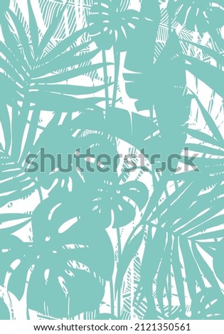 Seamless background with a monstera, banana leaf, and palm tree leaves. Pattern with tropical foliage. Vector illustration with exotic plants for the travel industry, label, beach collection.