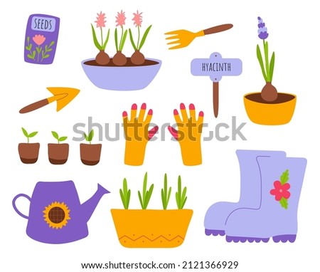 Collection garden tools and plants. Clipart elements for print, sticker, card. Gardening or horticulture concept. Spring aesthetic.