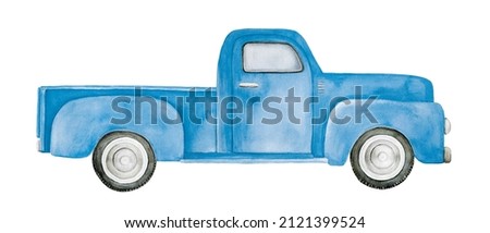 Watercolour illustration of blue pickup truck. Hand painted water color graphic drawing on white background, cut out clip art element for design decoration, invitation, poster, sticker, festive print.