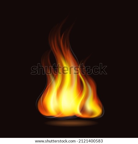 Bright burning fire flame on dark background. Vector realistic illustration. Design for wallpaper, poster, banner
