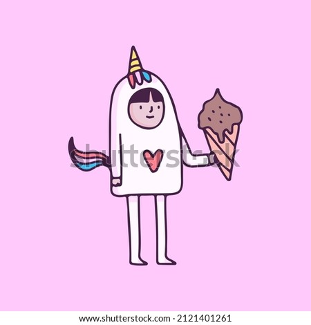 Cute boy wearing unicorn costume holding ice cream. illustration for t shirt, poster, logo, sticker, or apparel merchandise.
