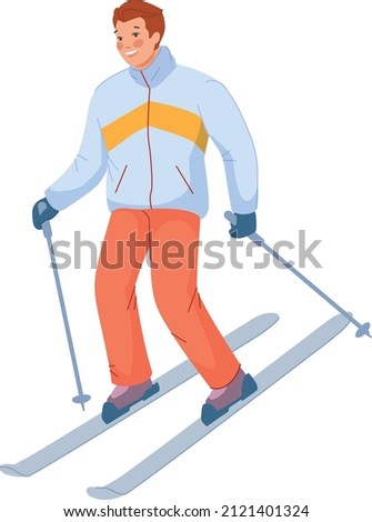 Guy skiing. Winter sport activity. Happy character isolated on white background