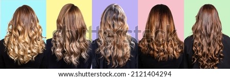collage with many hairstyles of women with long curly and straight hair, styles with bright highlights and balayage hairstyle Royalty-Free Stock Photo #2121404294
