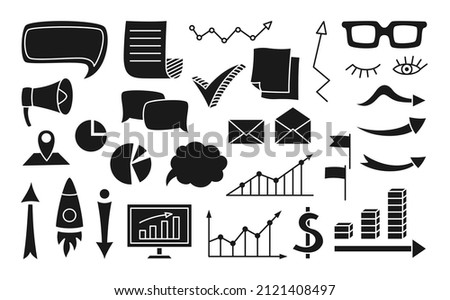 Social media, graph and chart symbols drawn doodle glyph set. Comic stamp stencil, print school and study, memo diary notebook element. Business, study, creativity, internet silhouette work printing