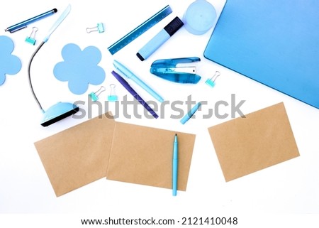 flatlay business, work from home, freelance, copywriting, top view laptop, notebook with brown paper for noted or text on white background. 