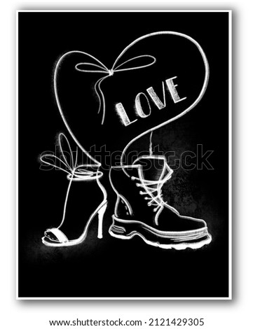 Valentine card. Creative Valentine's Day greeting. Vertical banner for February 14. Black and white picture of the love between a woman and a man. Love chalk inscription. Art Line