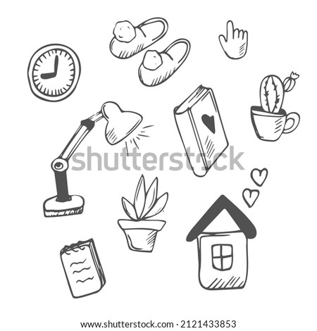 Cute cartoon set - Cozy home. Design elements, for children. On a white background. Scandinavian style. Isolated. Clip-art, stickers, advertising. Flat, Doodle. Contour, Black and White.