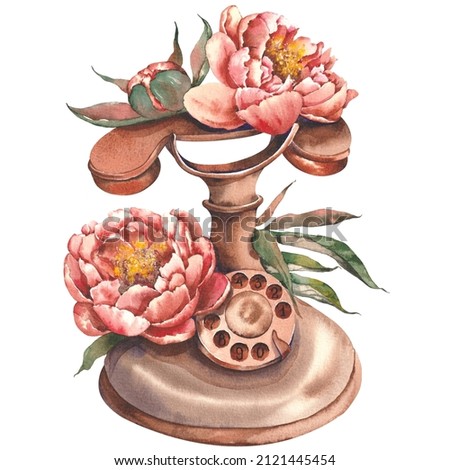 Retro telephone with pink peony flowers. Watercolor illustration.