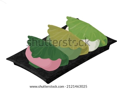 Illustration material: Kashiwa Mochi(rice cakes wrapped in oak leaves).Isometric colorful illustration.Clip art of food.
