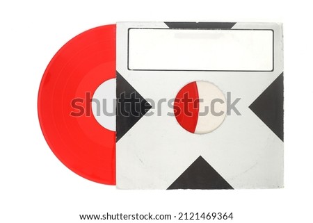 Aged black paper cover and red vinyl LP record isolated on white background