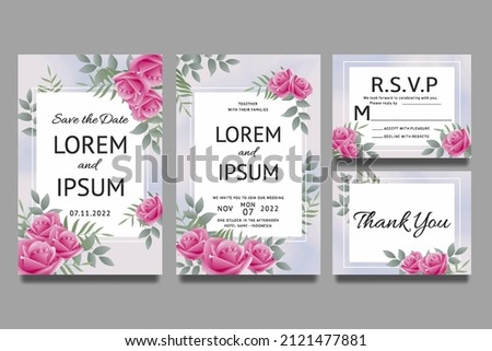 Wedding invitation template with roses pink gradient and leaves