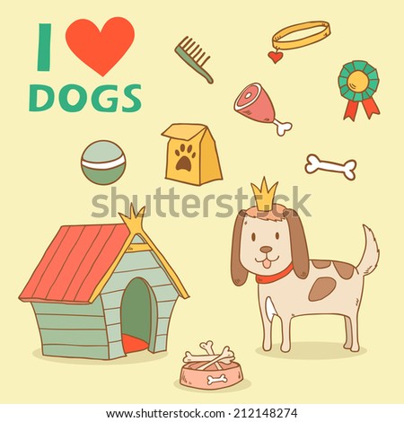 Cute infographics set with princess dog dreaming about home and friends