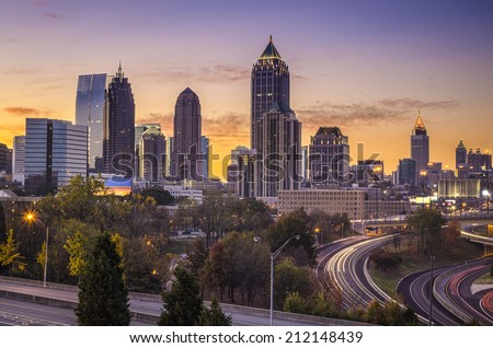 Atlanta, Georgia downtown skyline at sunrise.