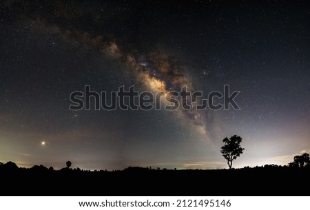 Panorama blue night sky milky way, star on dark background shadows of trees and meadows. with noise and grain.selection focus.