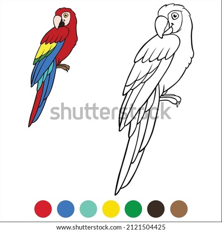 Coloring page birds. Cute happy parrot red macaw sits and smiles.