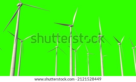 white ecologic wind turbine generators on green screen, isolated, fictional - industrial 3D rendering