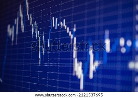 Display of quotes pricing graph visualization under blue background. Financial statistic analysis on dark background with growing financial charts. Stock analyzing. Price chart bars.
