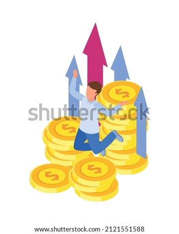 Investment isometric icons composition with human character of investor with stacks of coins and arrows vector illustration
