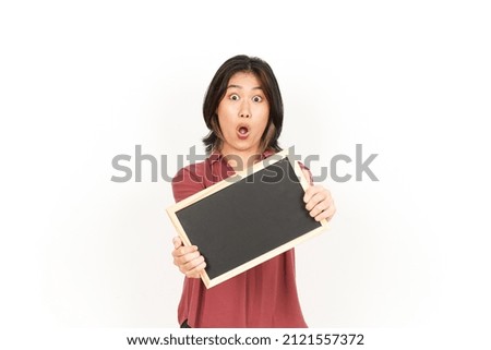 Showing, Presenting and holding Blank Blackboard Of Beautiful Asian Woman Isolated On White Background