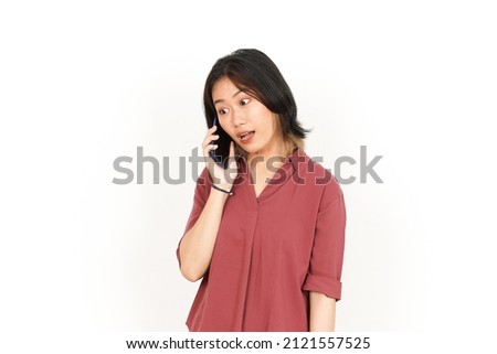 Make a Phone Call Using smartphone Of Beautiful Asian Woman Isolated On White Background