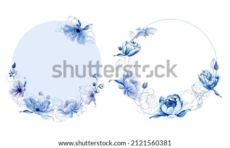 Watercolor dusty blue flowers. Floral collection wedding invitation. Botanical elements very peri color