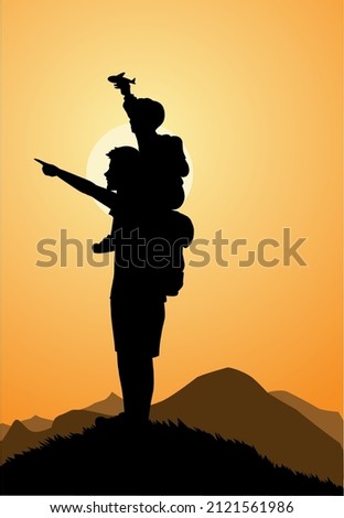 father and son sunset silhouette adventure on mountain vector