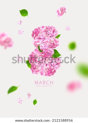 Numeral 8 from beautiful pink hydrangea flowers, green leaves on gray background. International Women's Day. Minimalistic concept 8 March holiday. Flower Greeting card for women, floral 