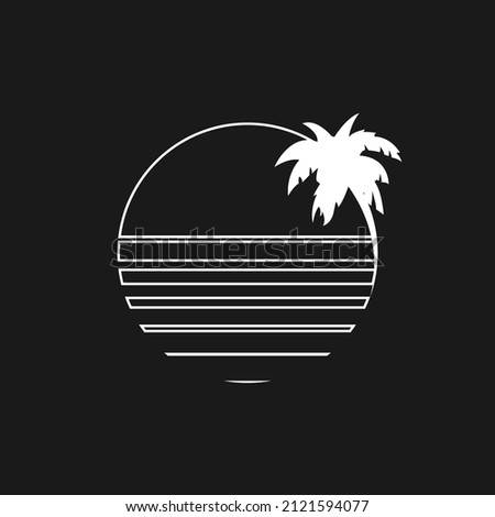 Retrowave aesthetics, the composition of a line circle with beach palm tree silhouette. Synthwave black and white 1980s style. Design element for retrowave style projects. Vector illustration