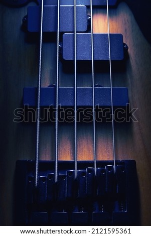 Closeup view of bridge and pickups of five strings bass guitar, highlighted shapes.