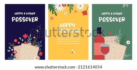 Jewish pesach holiday, Passover,, greeting card set with traditional icons. Happy Passover. matzah bread, wine, flowers and leaves, Passover symbols and icons. Vector illustration Royalty-Free Stock Photo #2121614054