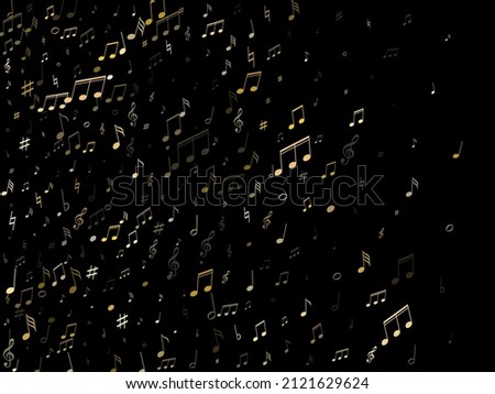 Music notes, treble clef, flat and sharp symbols flying vector design. Notation melody record classic pictograms. Guitar instrument tune background. Gold melody sound notes icons.