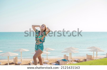 Plus size young woman mix race in the hotel, enjoy the life, beach clothes. Style of xl size, happy nice natural beautiful lady