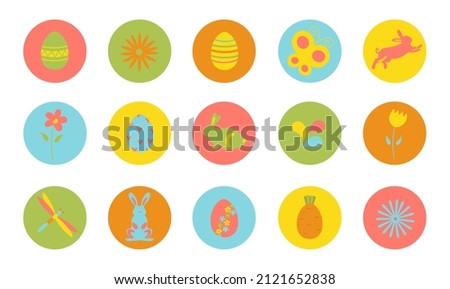 Easter circle stickers with bunny, flowers, eggs, leaves, leafs, butterfly. Easter icon set in flat style. Round design elements for banner, poster, advertising. Colorful vector illustration