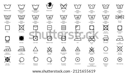 Laundry Instruction Line Icon Set. Care Wash Information Symbol Collection. Hand or Machine Wash, Use Iron, Dry, Cleaning Cotton Cloth Linear Sign. Editable Stroke. Isolated Vector Illustration. Royalty-Free Stock Photo #2121655619