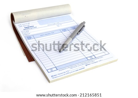 invoice book with open blank page and pen Royalty-Free Stock Photo #212165851