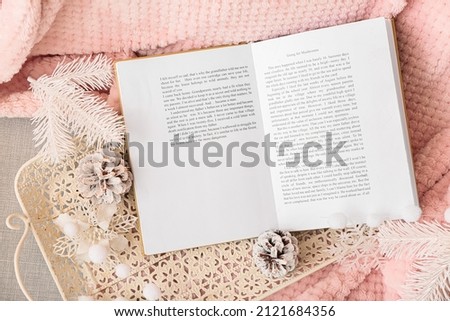 Tray with beautiful winter decor and opened book on sofa