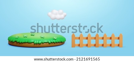 3D grassland, wooden fence, and white cloud isolated on blue background Royalty-Free Stock Photo #2121691565