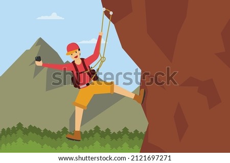Happy rock climber taking self portrait 2d flat vector illustration concept for banner, website, landing page, ads, flyer template