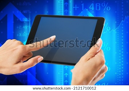 Crypto trader investor holding digital tablet with executing financial stock trade market Royalty-Free Stock Photo #2121710012