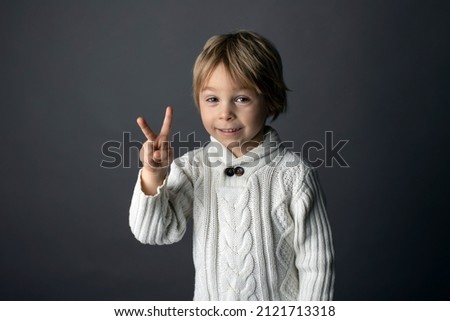 Cute little toddler boy, showing gesture in sign language on gray background, isolated image, child showing hand sings