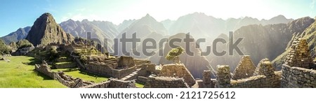Panoramic photo of the archaeological site of Machu Picchu, new 7 Wonder of the Word, Cusco, Peru Royalty-Free Stock Photo #2121725612