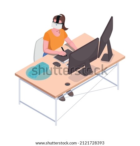 Virtual augmented reality isometric composition with female car designer working in vr helmet vector illustration