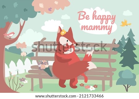 Be happy mother concept background. Greeting holiday card with animals. Cute bear family, father and son give bouquet to mother in spring forest or park.Vector illustration in flat cartoon design