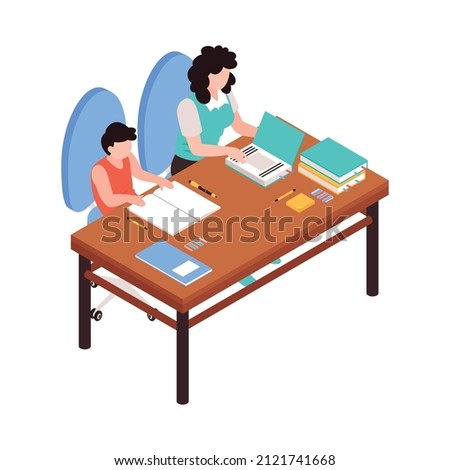 Isometric family homeschooling composition with son and mother sitting at table with copybooks vector illustration