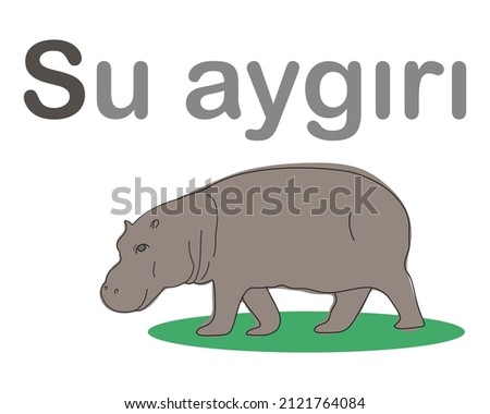 Turkish alphabet with the image of a hippopotamus. Translation from Turkish: hippopotamus. Vector hand drawn illustration